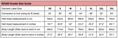 BOAB Hoodies Size Guide